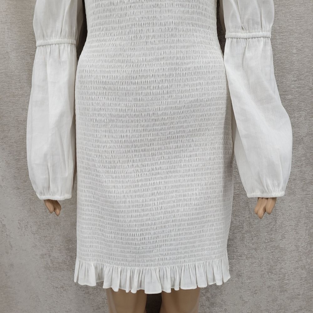 Gianni Bini Tally Smocked Linen Blend White Puff Long Sleeve Dress Large NEW - Picture 6 of 16